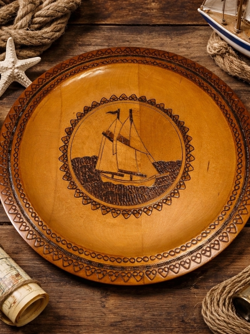 Hand-Carved Wooden Decorative Plate with Sailboat Motif Canada By Chowaniec